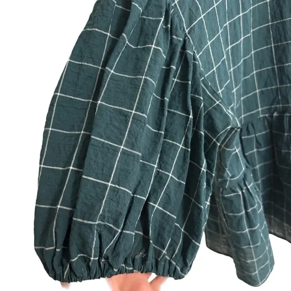 A new day green & white plaid windowpane peplum smock puff sleeve top size XL - Picture 7 of 14
